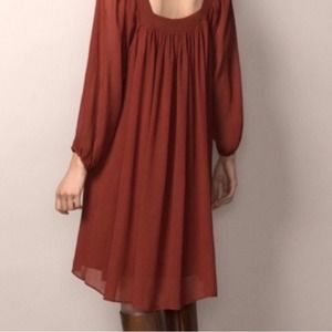 NWT Massimo Dutti Terra Cotta Fall Rust Orange Chiffon Boho‎ Long Sleeve Dress